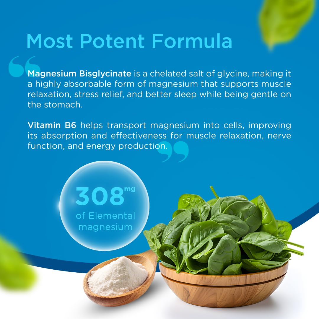 Magnesium Bisglycinate with Vitamin B6 | 100% Chelated | Highly Bioavailable & Rapid Absorption | Helps in Muscle Function & Relieves Cramps | Lab-Tested for Magnesium - 60 Veg Capsules