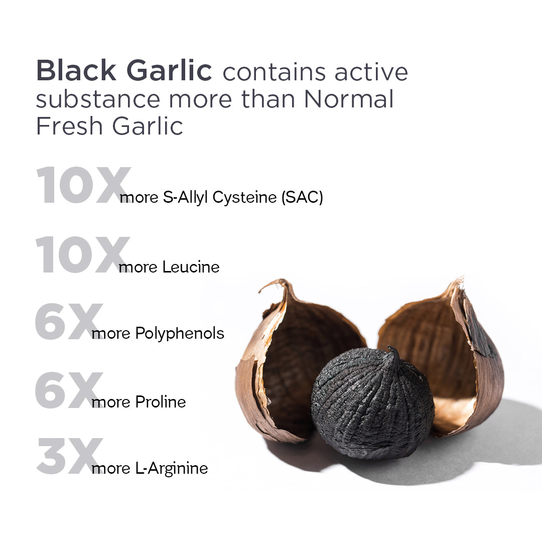 Black Garlic contains 10x More S-Allyl Cysteine (SAC), 10x more Leucine, 6x more Polyphenols, 6x more Proline & 3x more L-Arginine