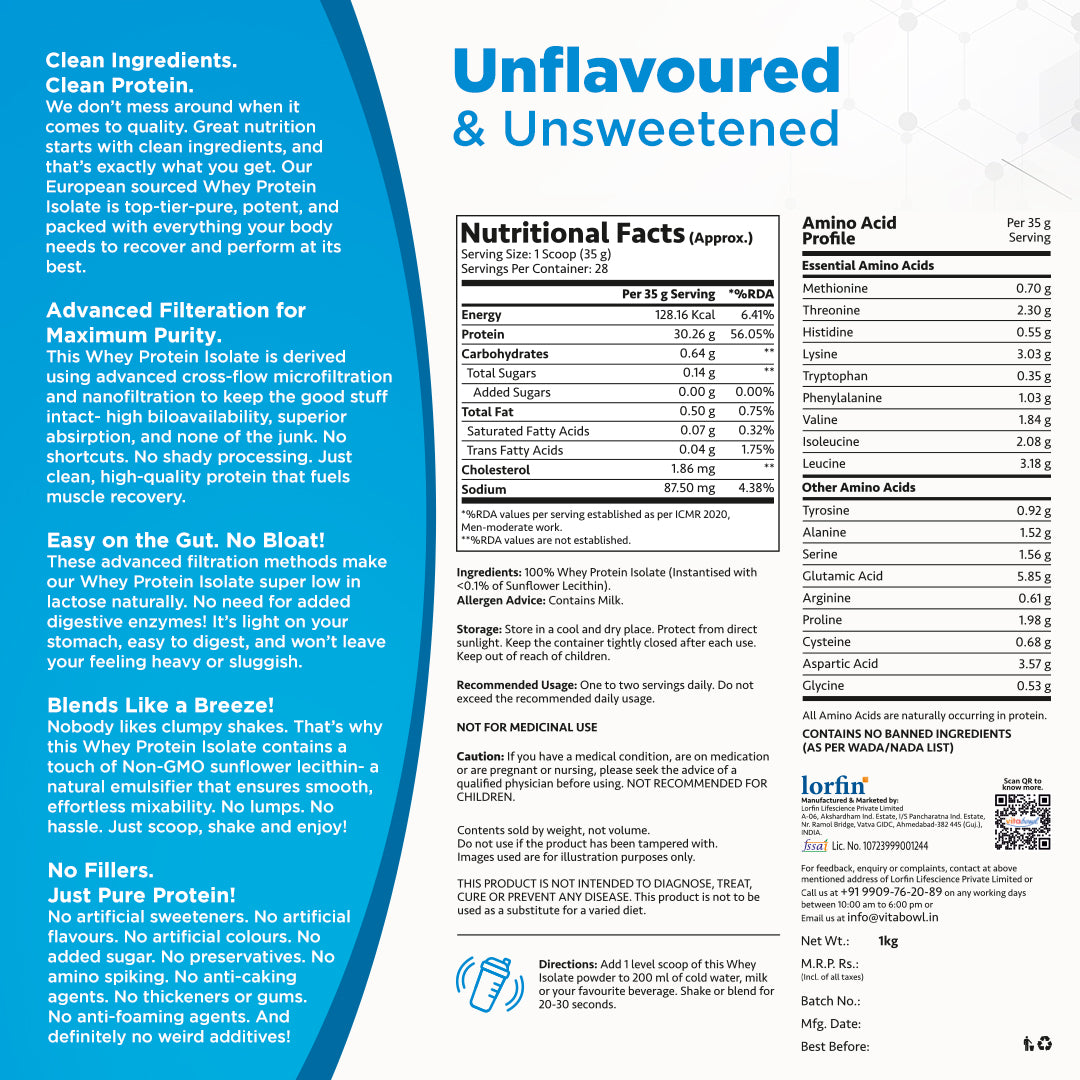 Raw Whey Protein Isolate 100% Pure, Unsweetened & Unflavoured