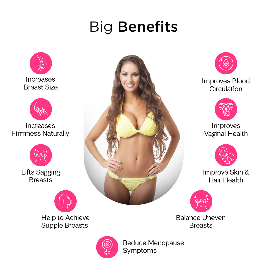 Big Benefits of Zoom Breast Enhancer Supplement, Increases Breast Size, Increases Firmness Naturally, Lifts Sagging Breasts, Help to Achieve Supple Breasts, Reduces Menopause Symptoms, Improves Blood Circulation, Improves Vaginal Health, Improve Skin & Hair Health, Balance Uneven Breasts