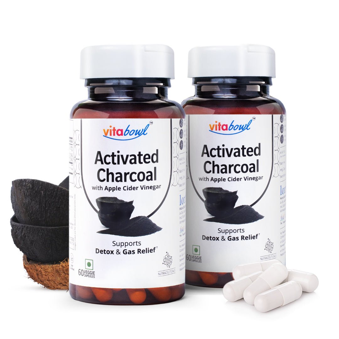 Activated Charcoal Capsules with Apple Cider Vinegar, Helps in Digestion, Bloating, Liver & Kidney Detox - 60 Veg Capsules - Vitabowl