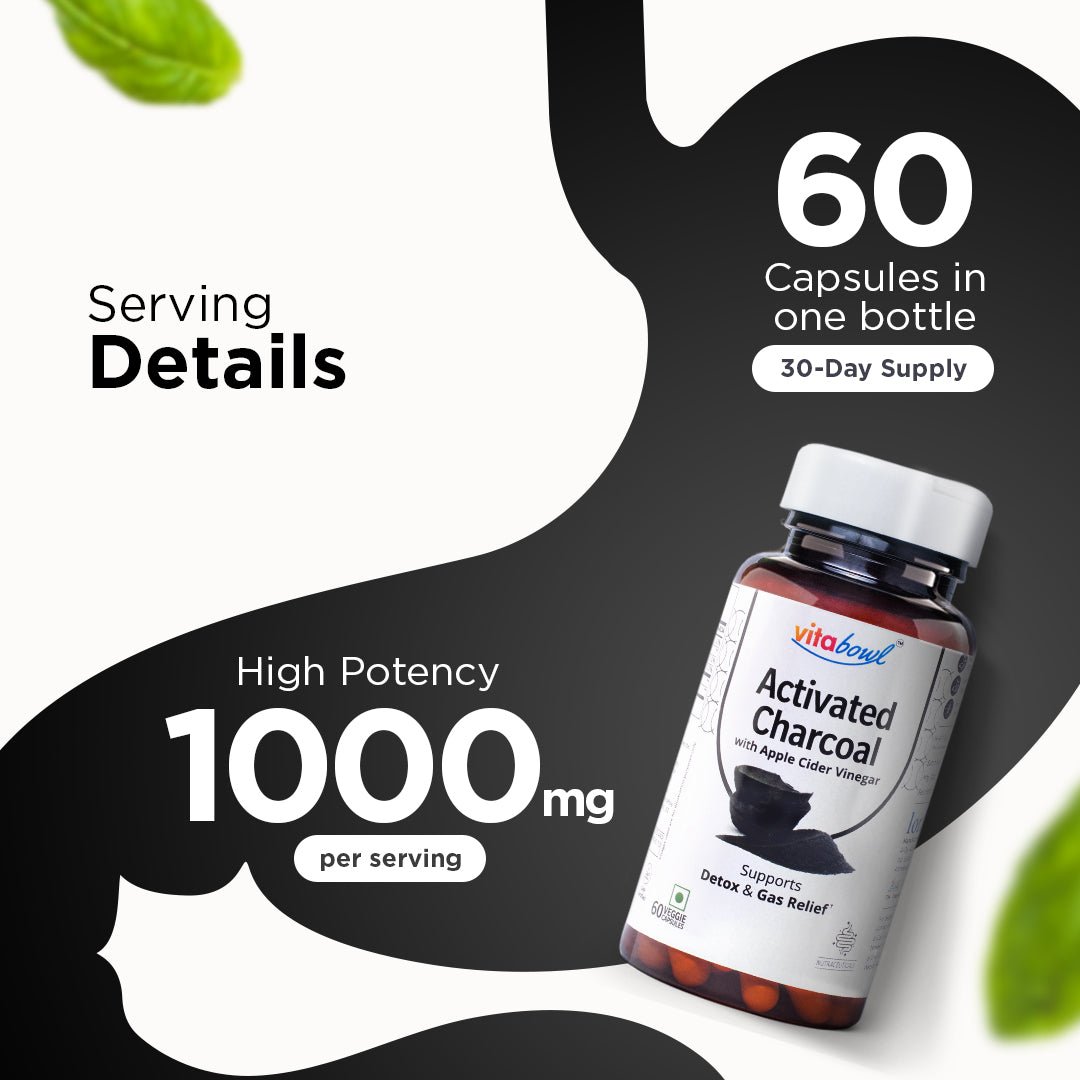 Activated Charcoal Capsules with Apple Cider Vinegar, Helps in Digestion, Bloating, Liver & Kidney Detox - 60 Veg Capsules - Vitabowl