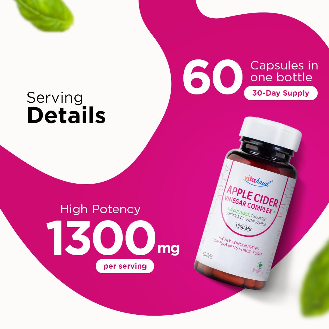 Apple Cider Vinegar Complex+ Capsules with Pre & Probiotic, Helps in Weight Management & Boosts Gut Health - 60 Veg Capsules - Vitabowl