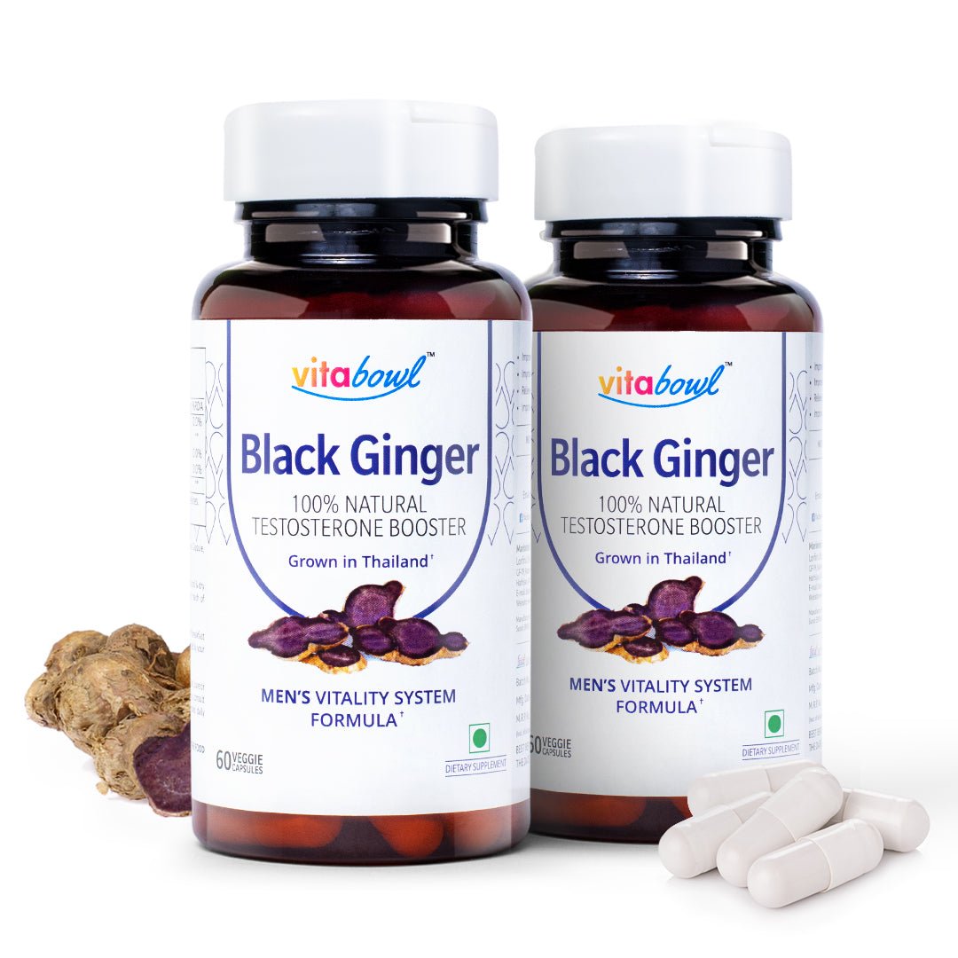 Organic Black Ginger Capsules, 100% Natural Testosterone Booster - 60 Veg Capsules - Vitabowl