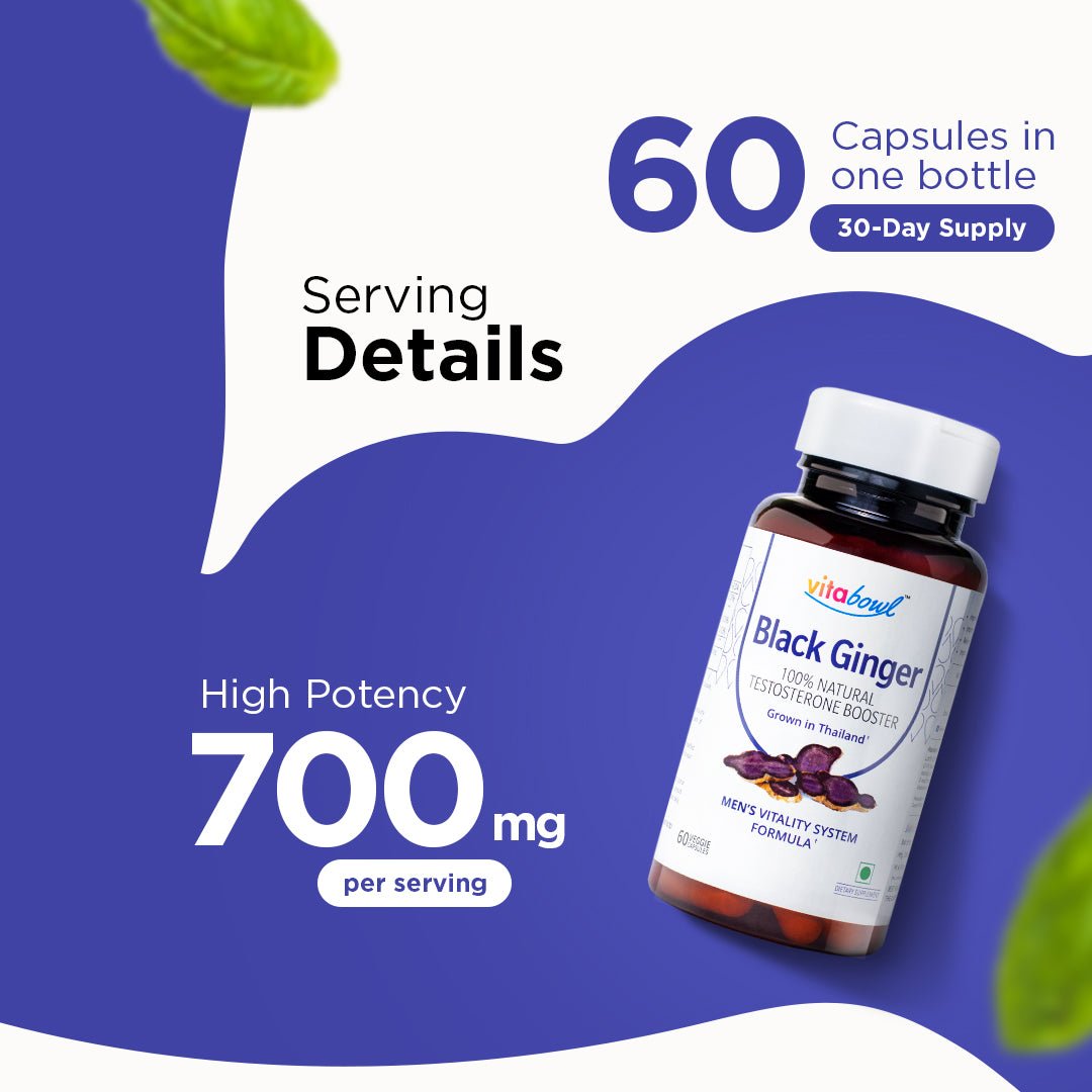 Organic Black Ginger Capsules, 100% Natural Testosterone Booster - 60 Veg Capsules - Vitabowl