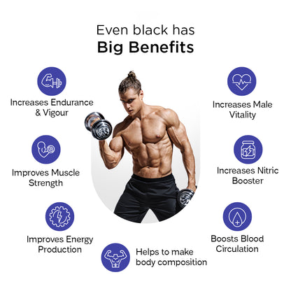 Even black has big benefits like Increases Endurance & Vigor, Improves Muscle Strength, Improves Energy Production, Increases Male Vitality, Increases Nitric Booster, Boosts Blood Circulation, Helps to make body composition