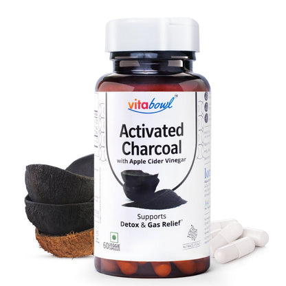 Activated Charcoal Capsules with Apple Cider Vinegar, Helps in Digestion, Bloating, Liver & Kidney Detox - 60 Veg Capsules - Vitabowl