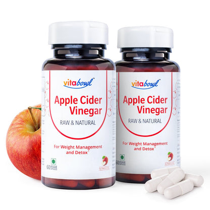 Apple Cider Vinegar (ACV) Capsules with Mother, Raw & Natrual for Weight Management & Detox - 60 Veg Capsules - Vitabowl