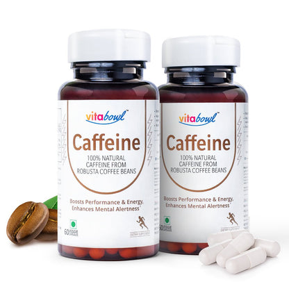 Natural Caffeine Capsules, Derived from Robusta Coffee Beans, Pre Workout Supplement, for Energy, Mental Focus & Performance - 60 Veg Capsules - Vitabowl
