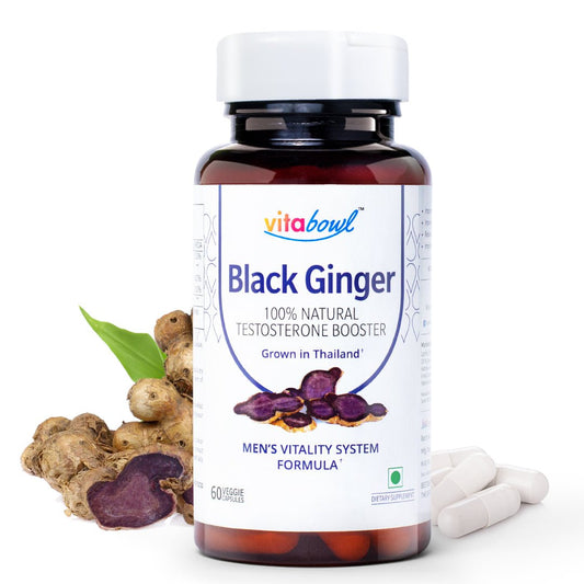 Organic Black Ginger Capsules, 100% Natural Testosterone Booster - 60 Veg Capsules - Vitabowl